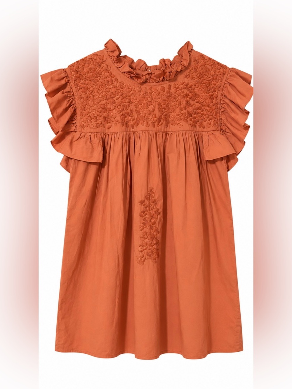Women’s Ruffled Embroidered Flutter-Sleeve Top - Rust Orange